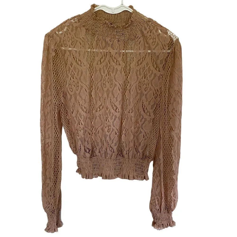Windsor Lace sheer tan small long sleeve cowl neck blouse